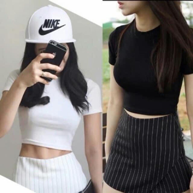 Áo Croptop Basic Trơn Cổ Tròn 2 Màu Đen Trắng