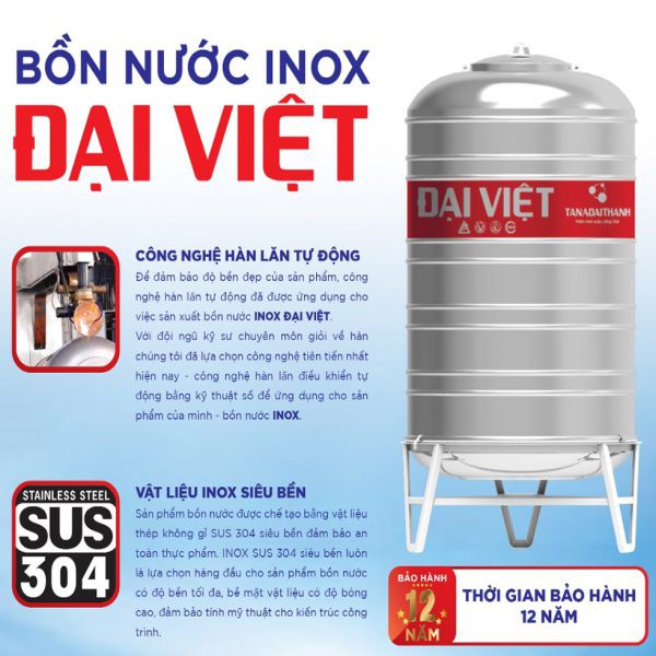 Bồn Nước đứng inox304 Đại Việt  (4000L- 5000L- 6000L)