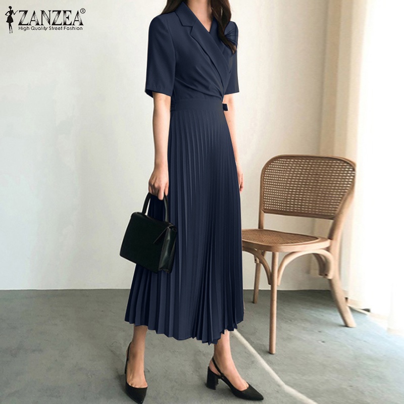 Đầm Zanzea dáng dài tay ngắn cổ bẻ thắt dây thời trang cho nữ