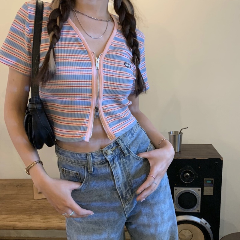 Áo dệt kim SUXI tay ngắn cổ chữ V kẻ sọc phối khóa kéo thời trang mùa hè cho nữ