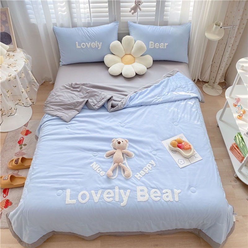 Set Chăn Ga Cotton Đũi Đính Gấu Dễ Thương,Nhiều Màu Sắc ( Chăn chần bỏng mỏng) - shinbedding