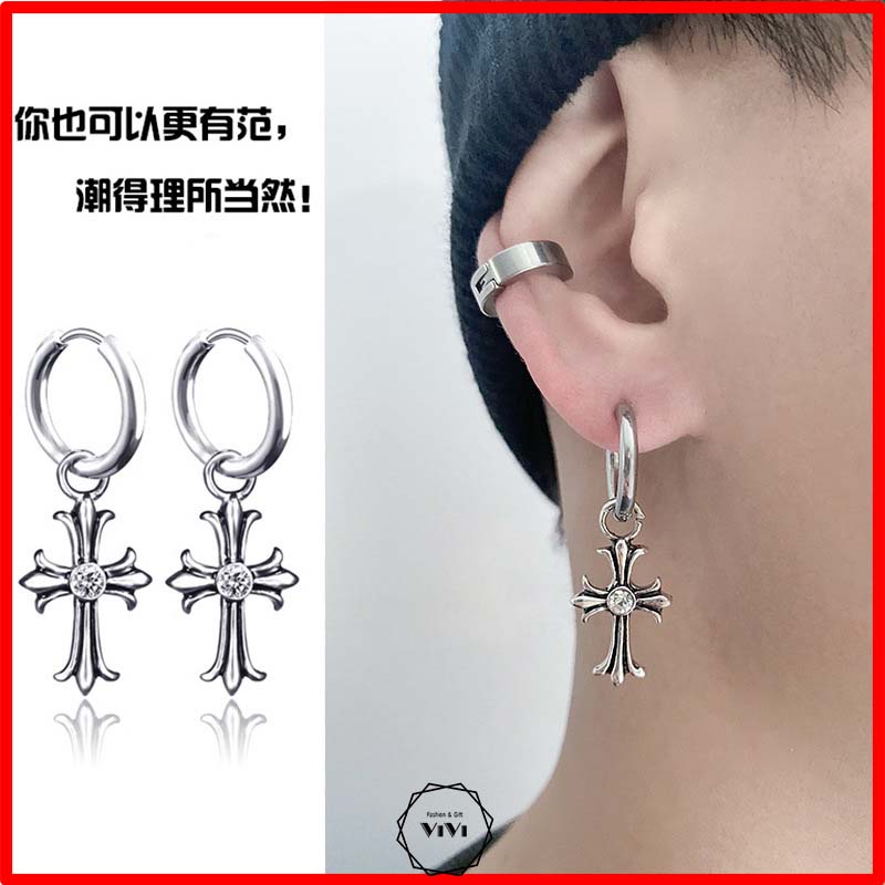 Bông tai bạc nam kiểu tròn Thánh Giá Activel – khuyên tai bạc ViVi_Gift