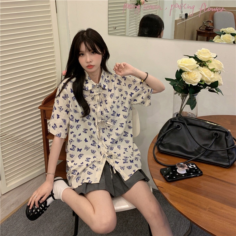 SUXI Áo Sơ Mi Tay Ngắn Dáng Rộng In Họa Tiết Bướm Phong Cách Cổ Điển Thời Trang Mùa Hè Cho Nữ