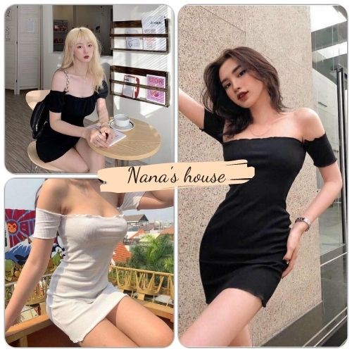 Váy Thun Body Cộc Tay Hở Vai Viền Bèo 🎁 Nana's House - FREESHIP 🎁 Đầm nữ dáng ngắn hở cổ thiết kế ôm sát body sexy