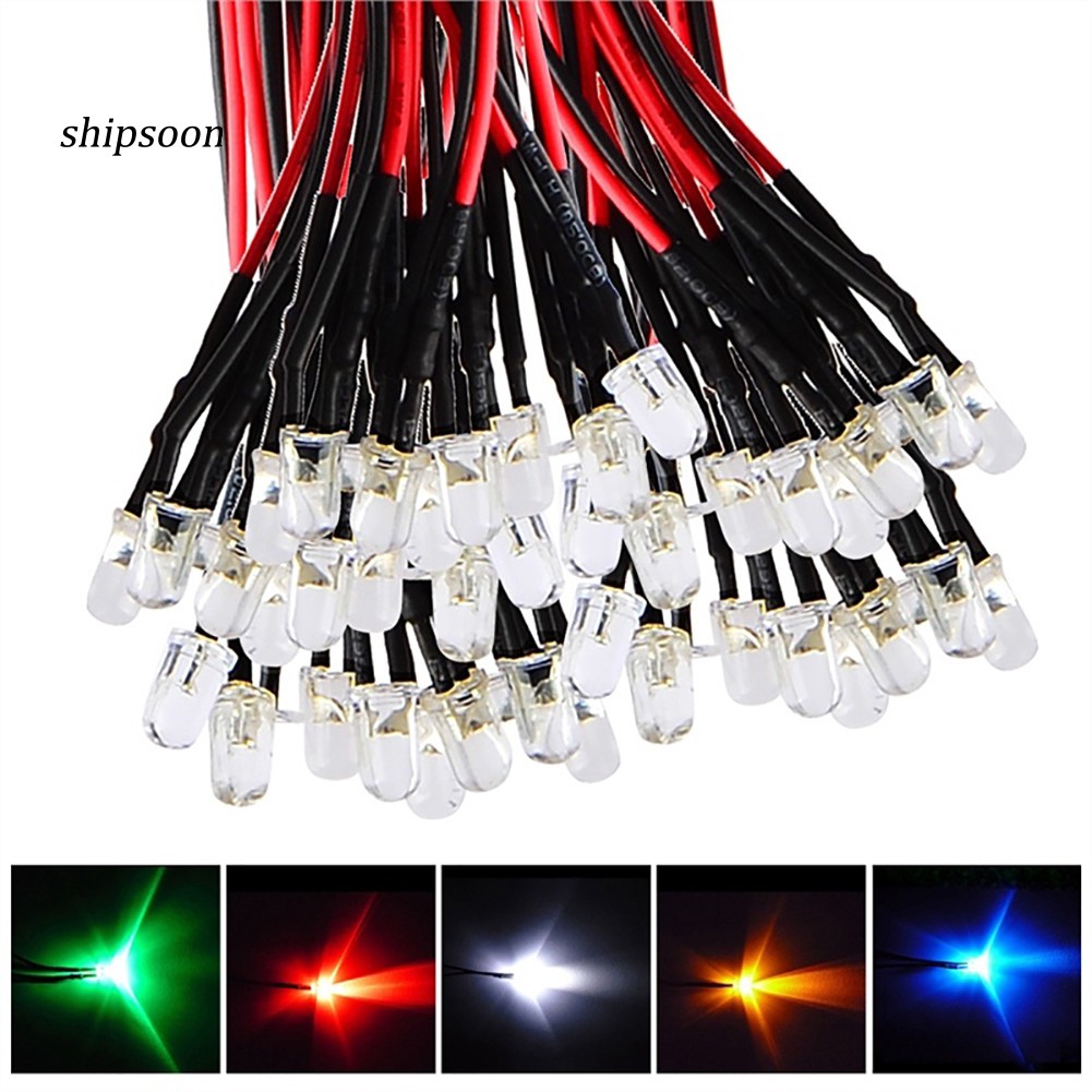 Bộ 10 đèn LED 3mm/5mm có gắn sẵn dây cáp nguồn DC dài 20cm