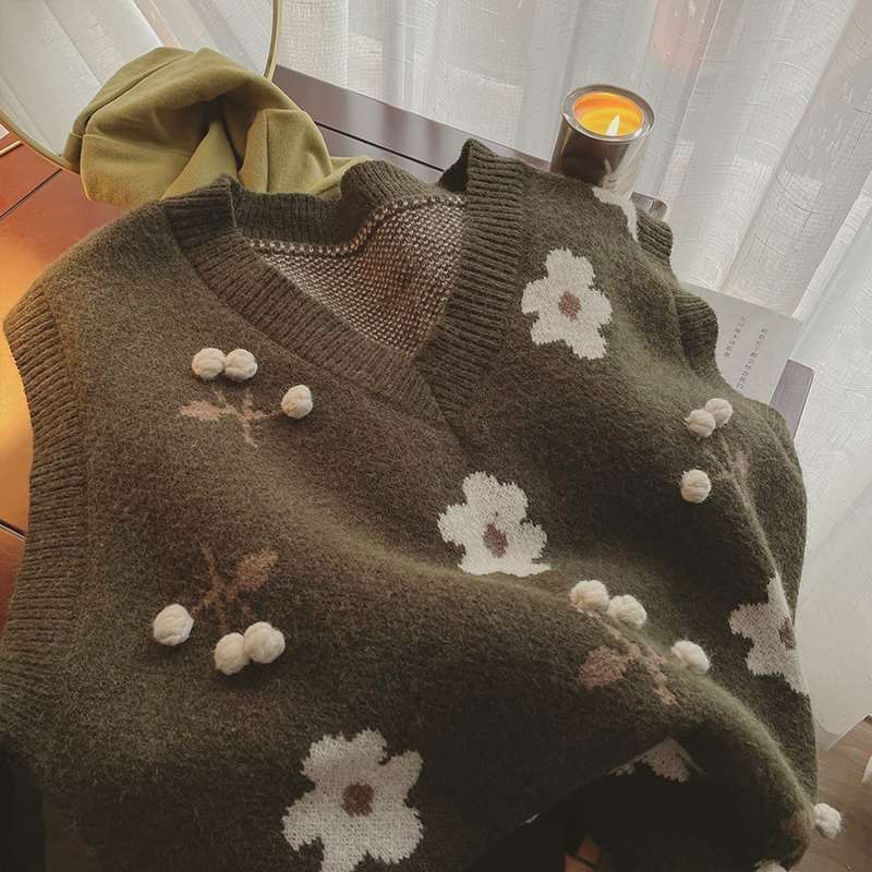 Áo Sweater Dệt Kim Sát Nách Dáng Rộng Cổ Chữ V Dễ Phối Đồ Cho Nữ