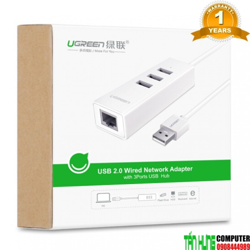 Bộ chia USB 2.0 ra 3 cổng USB+Lan100Mbps Cao Cấp Ugreen 30299 màu trắng