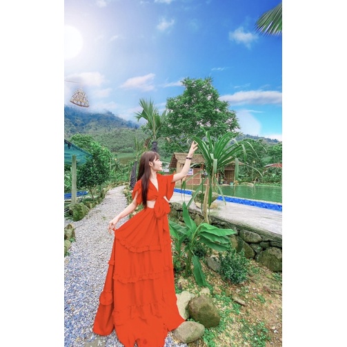 Đầm Maxi Đi Biển, Set 2 Món Đi Biển, IVAS25, Chất Lụa, Màu Đỏ, Siêu Phẩm Của Tín Đồ Sống Ảo, Xinh Ngất Ngây