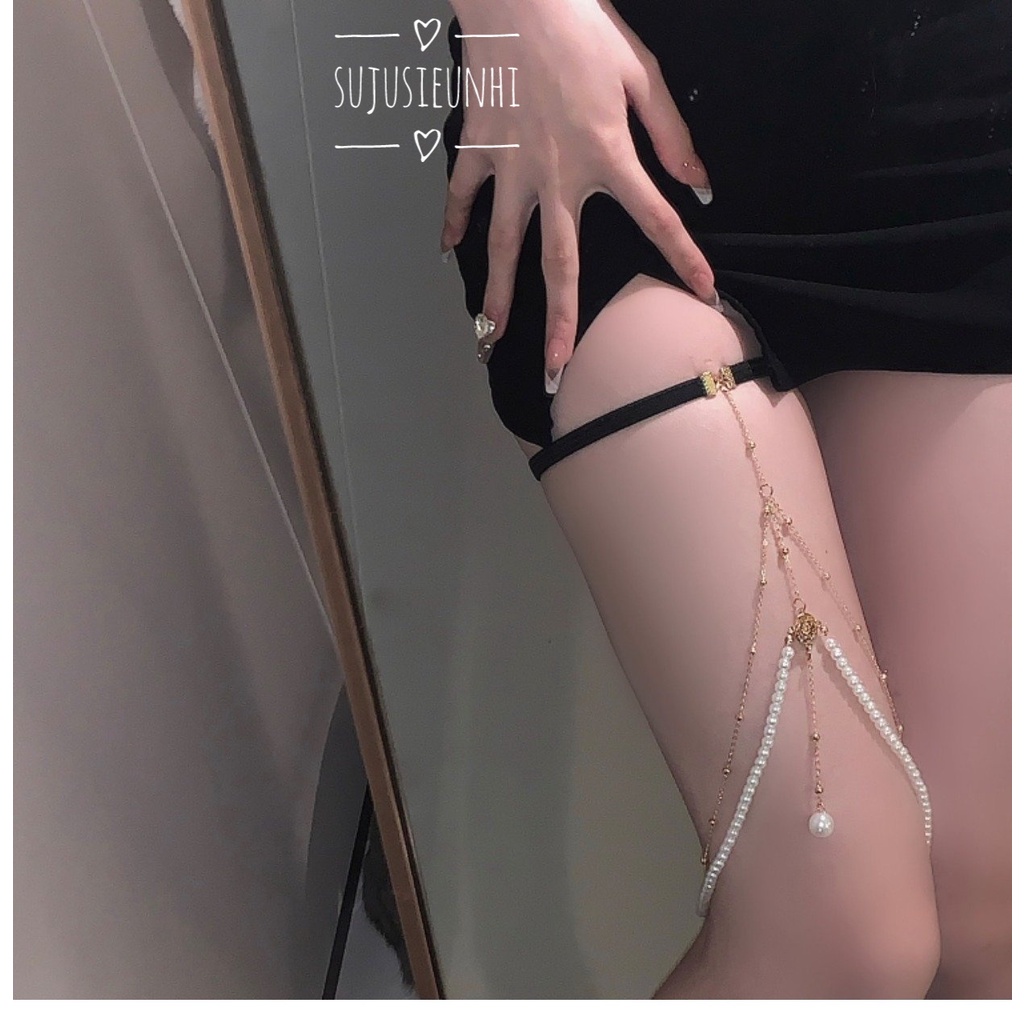 vòng choker chuỗi ngọc tua dài 2 lớp đeo đùi (co giãn thoải mái)