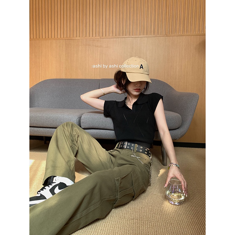 Porozi  Áo thun dệt kim  mỏng tay ngắn cổ polo thời trang Hàn Quốc dành cho nữ