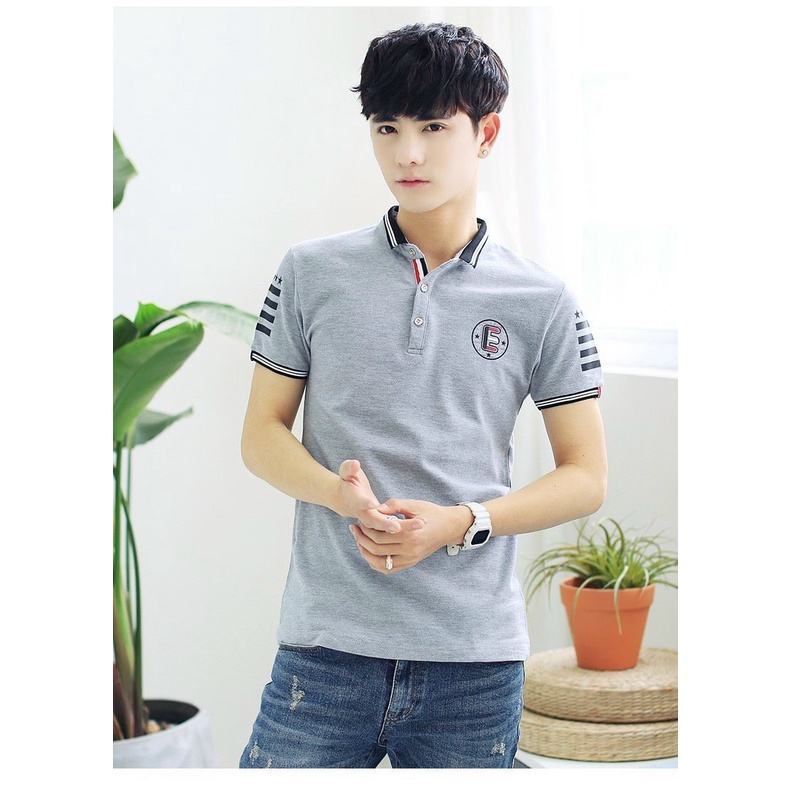 áo thun nam cổ trụ tay ngắn họa tiết thêu sọc ngang đẹp,chất cotton mềm mại dễ chịu