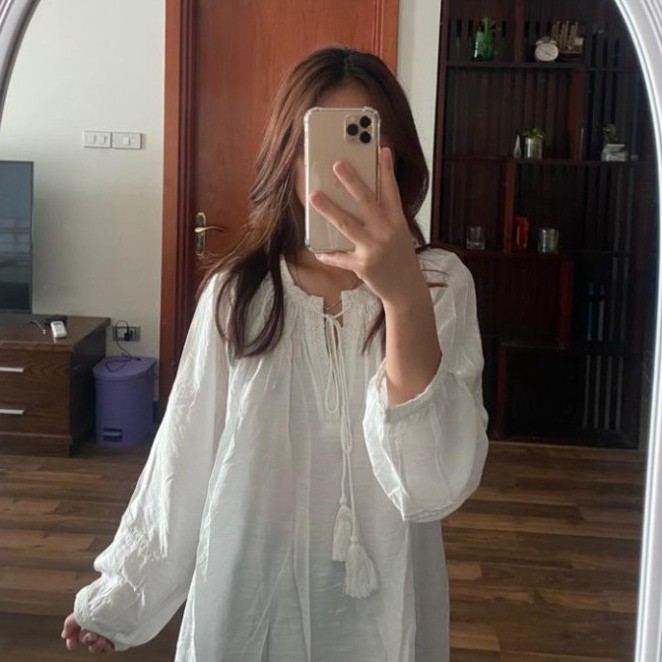 [AMANDA]Áo sơ mi nơ cổ tay bồng babydoll. Áo sơ mi chuông cổ điệu 2 màu hothit be trắng
