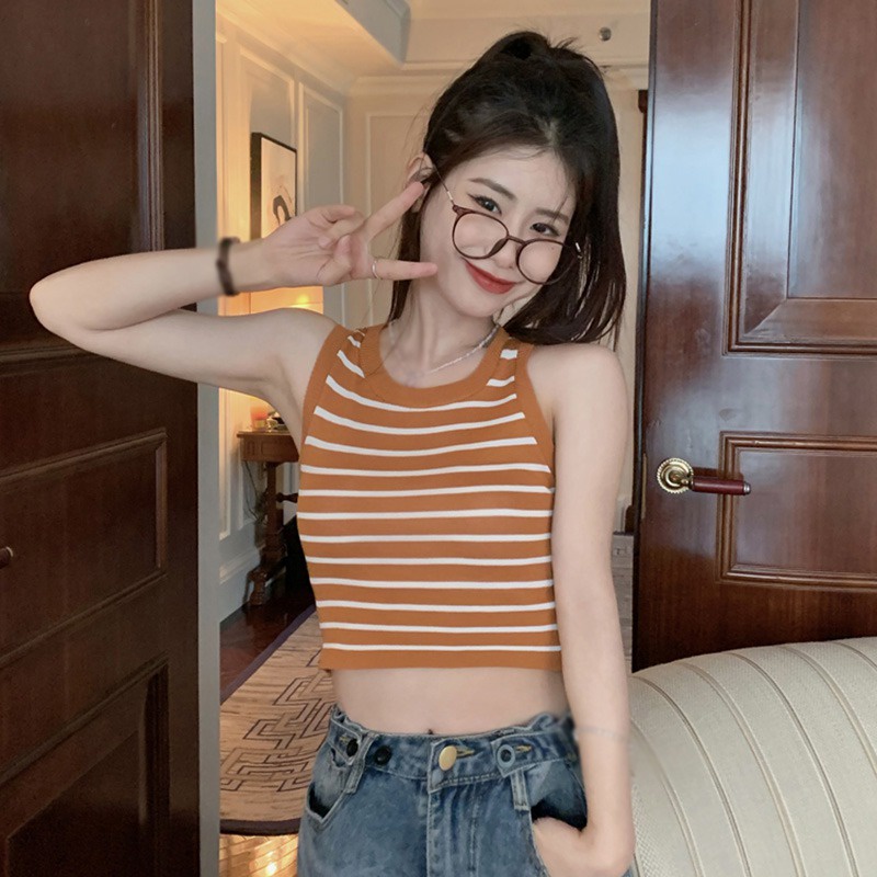 Áo Croptop Sát Nách Cổ Tròn Dáng Ôm In Họa Tiết Kẻ Sọc Thời Trang Mùa Hè Cho Nữ