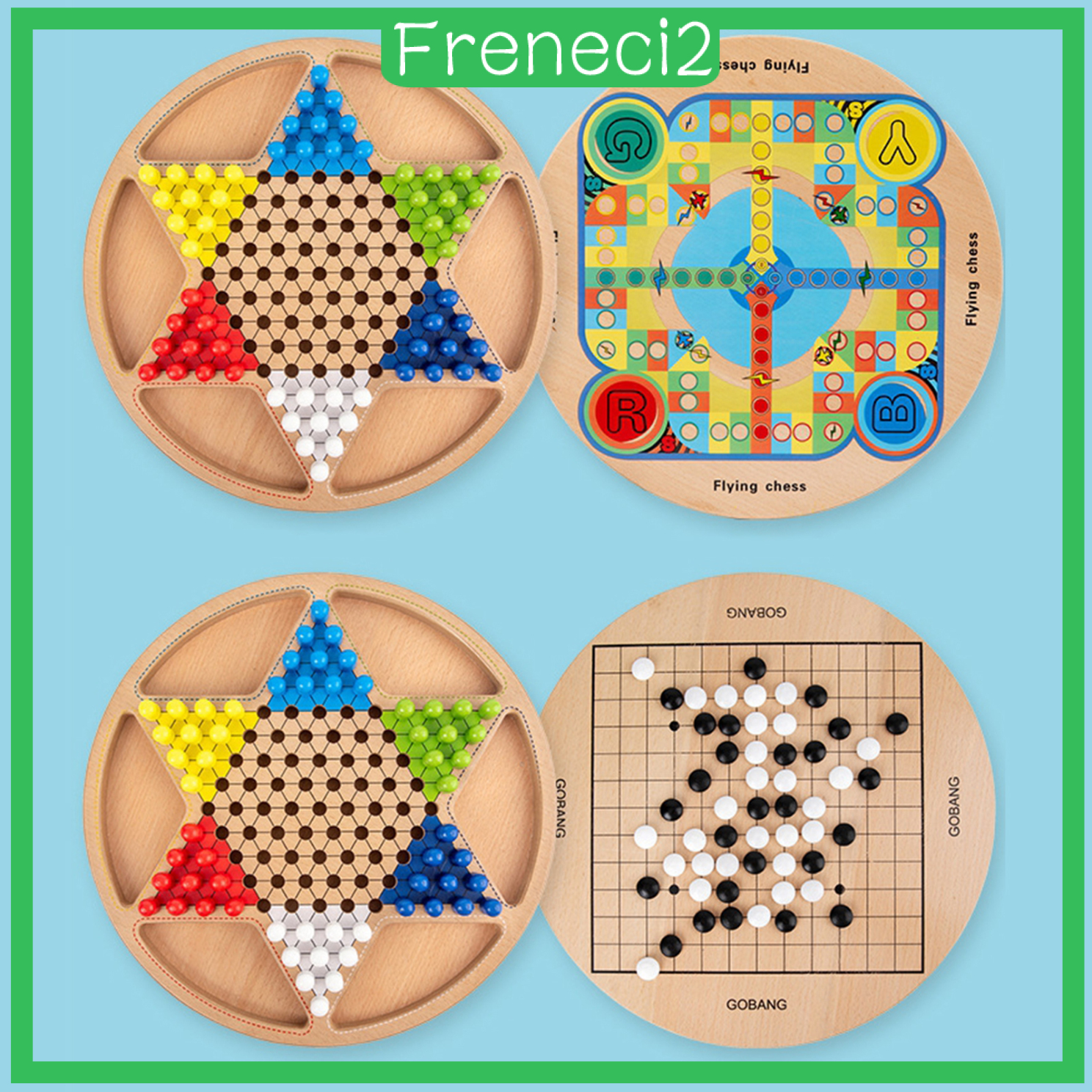 [FRENECI2]2 in 1 Wooden Chinese Checkers Board Game Set with Colorful Pegs Style1