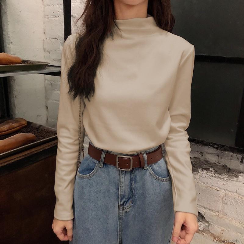 Áo Thun Cổ Lọ Màu Trơn Thiết Kế Tôn Dáng Dành Cho Nữ