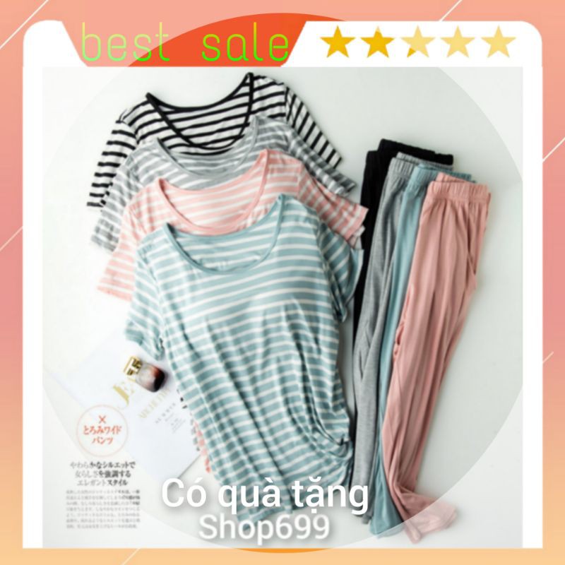 CÓ SẴN. ĐỒ BỘ NGỦ LỬNG KẺ QUẦN CHUN KÈM BRA COTTON CAO CẤP