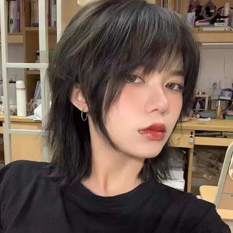 ○Mullet đầu học sinh sói đuôi tóc giả ngắn đầy đủ mũ đội đầu