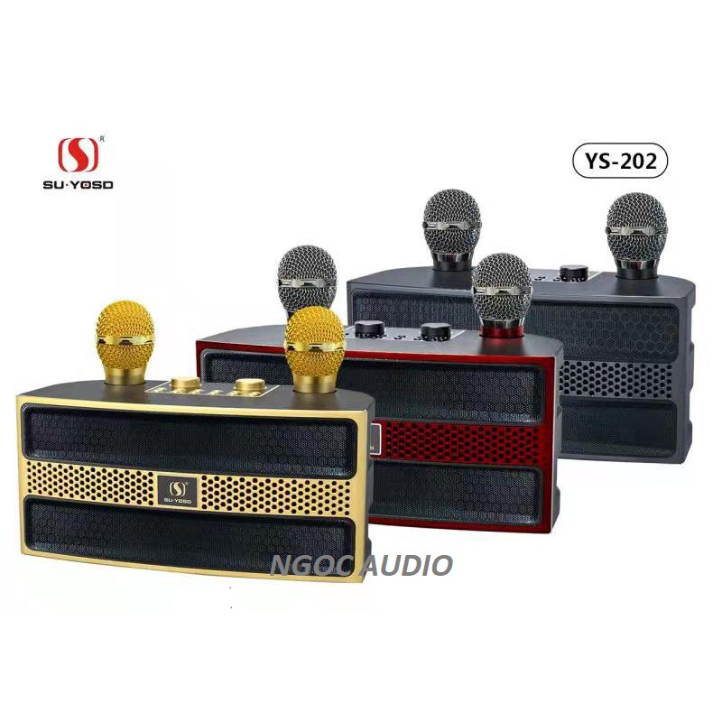 Loa Hát karaoke bluetooth YS 202 s chất lượng- Kèm 2 micro không dây sạc tự động âm bass trầm không hú tiết kiệm pin-