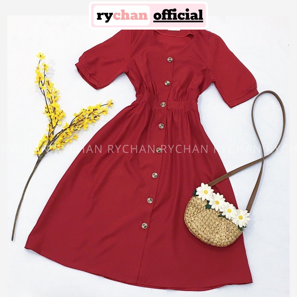 Đầm Nữ Đi Chơi Dáng Dài Cổ V Nút Trước Dịu Dàng, Đầm Dự Tiệc Cực Tôn Da Màu Đỏ Đô [ẢNH THẬT CUỐI] - DX9870