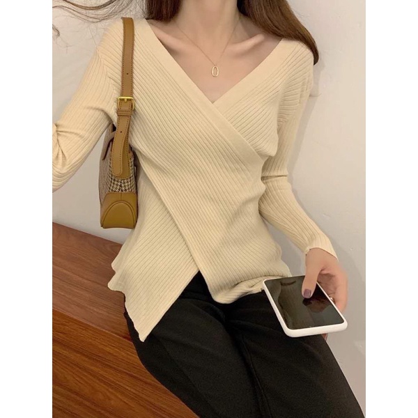 [XẢ HÀNG] ÁO LEN CỔ V VẠT CHÉO LEN TĂM ÔM