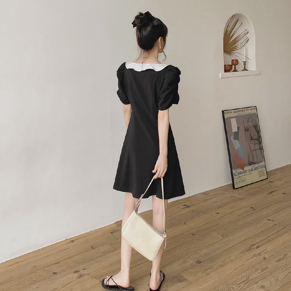 Đầm Nữ Ngắn Tay Cổ Vuông Eo Thắt Dây Thời Trang Xinh Xắn