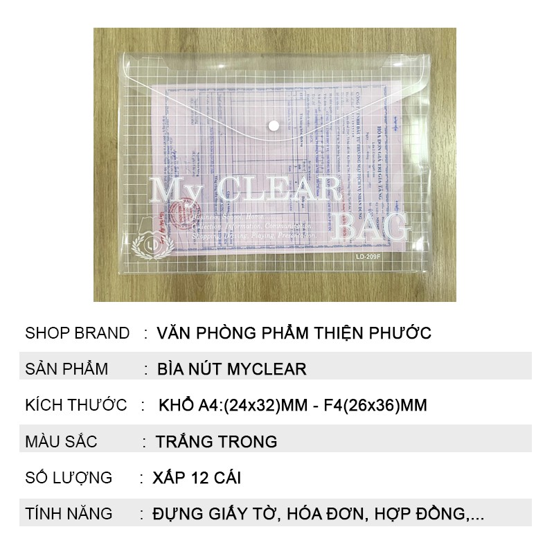Bìa nút sơ mi đựng tài liệu A4 trong suốt My Clear , túi lưu trữ hồ sơ THIỆN PHƯỚC