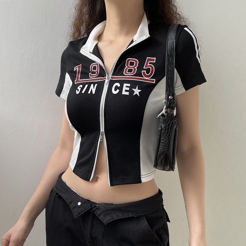 2023 Mới Áo Khoác Khóa Kéo Dài Tay In Chữ Phong Cách Punk Mỹ Thời Trang Cho Nữ