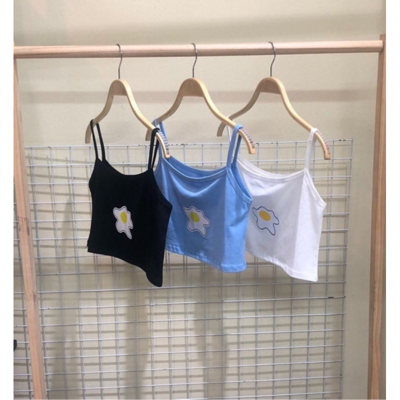 Áo trắng croptop 2s dây hình trứng rán SẴN