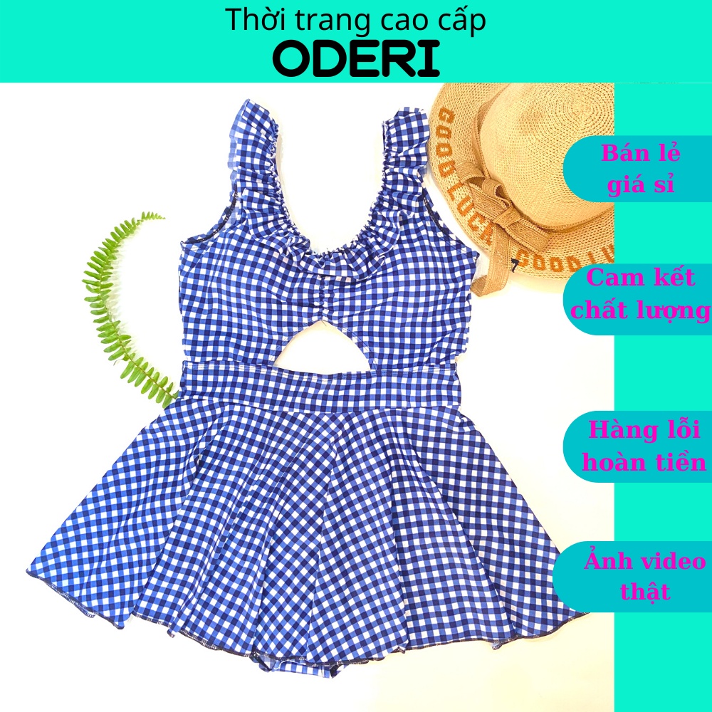 SET BIKINI, ĐỒ BƠI ĐI BIỂN ÁO CARO TAY BÈO KHOÉT NGỰC VÁY XÒE DỄ THƯƠNG ODERI LT-129