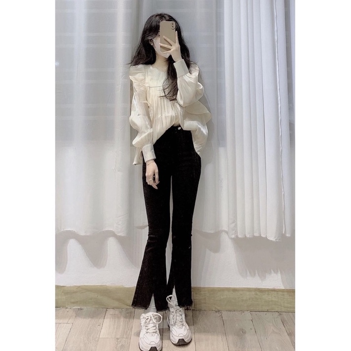 Quần jean ống loe xẻ cắt gấu trước chất co giãn đẹp cạp cao , quần bò loe chất siêu đẹp by YANSOO