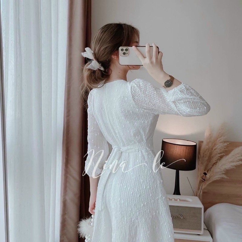 Đầm midi voan bi trắng cổ vuông LOTUS SHOP