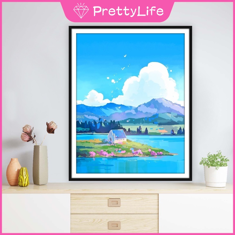 Tranh Đính Đá 5D Tự Làm Hình Bầu Trời Xanh Trắng 30X40cm Trang Trí Nhà Cửa