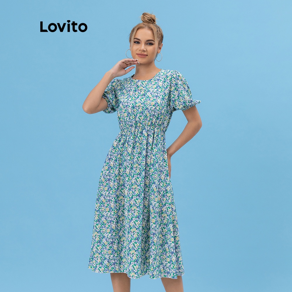  Đầm Lovito in hoa tay phồng L06052 (màu xanh dương)
