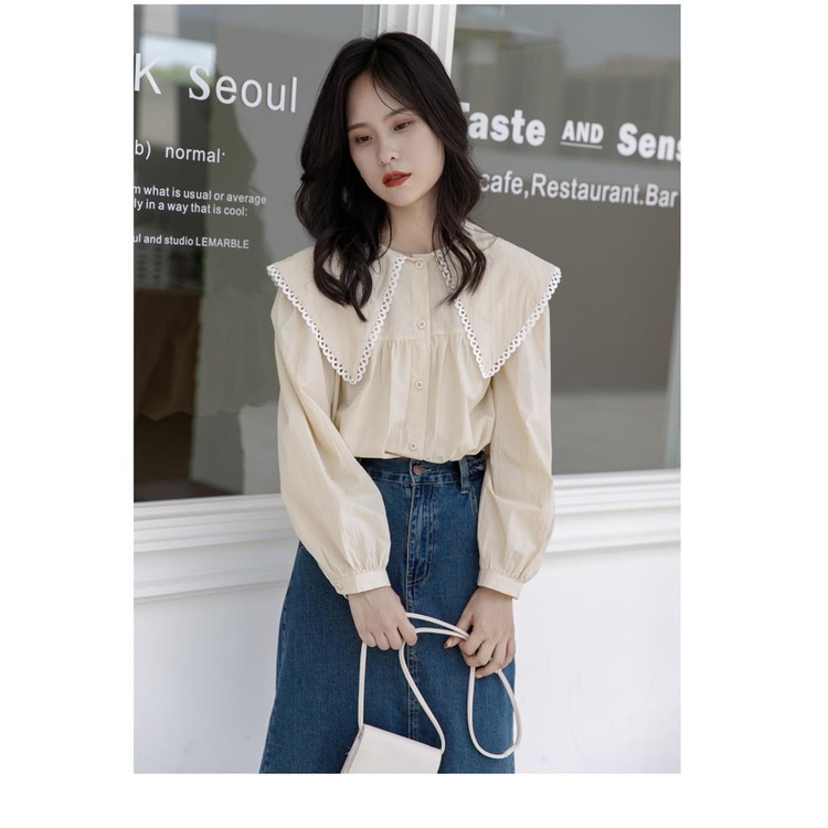 Áo Sơ Mi Tay Phồng Cổ Bẻ Phong Cách Retro Pháp Cho Nữ