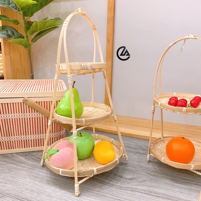 Mẹt tre tầng đan thủ công, quang tầng trang trí phong cách dân gian