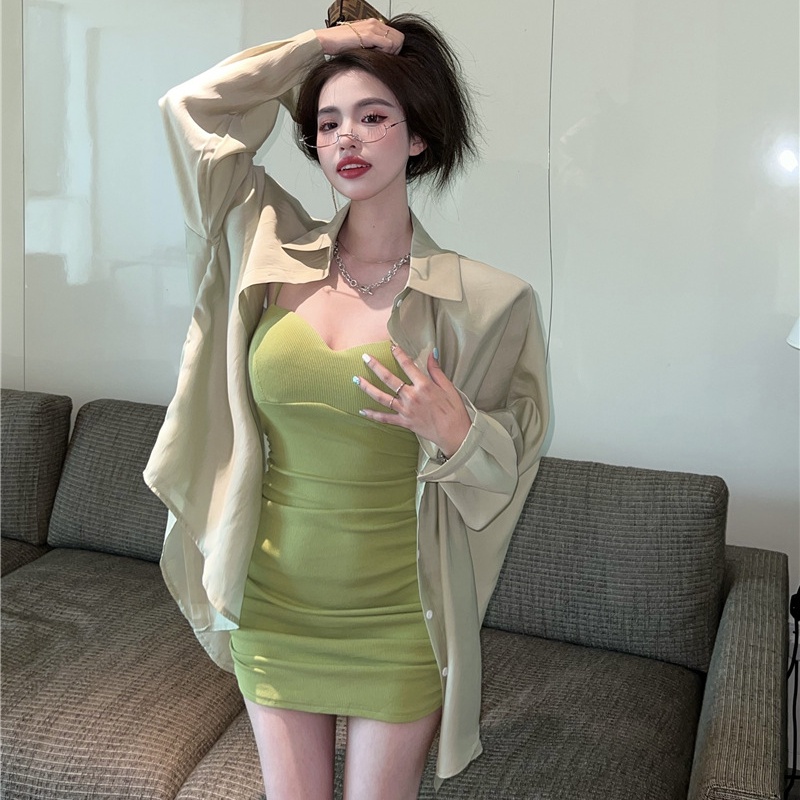 Bộ Áo Sơ Mi + Đầm Yếm Phong Cách Hàn Quốc Hong Kong Thời Trang Cho Nữ