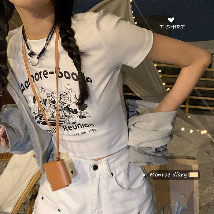 Áo Thun Lửng Ngắn Tay In Chữ Phong Cách Vintage Cho Nữ