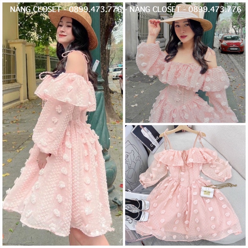 Đầm hoa nổi trễ vai tay bồng tùng xòe màu hồng NÀNG CLOSET