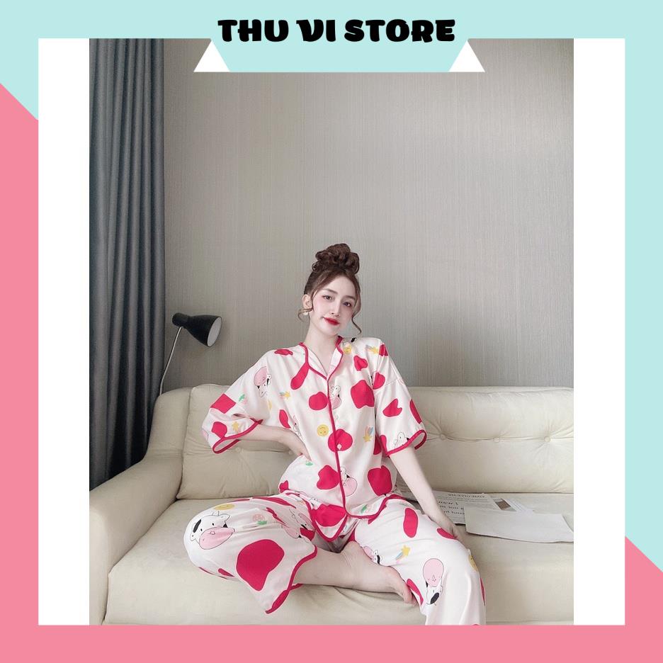 Bộ Ngủ MặC Nhà, Đồ Pijama Ngắn Tay Quần Dài Lượn Sóng Họa Tiết Bò Sữa Chất Lụa Mango Mềm Mịn, Form Dáng Rộng Rãi T