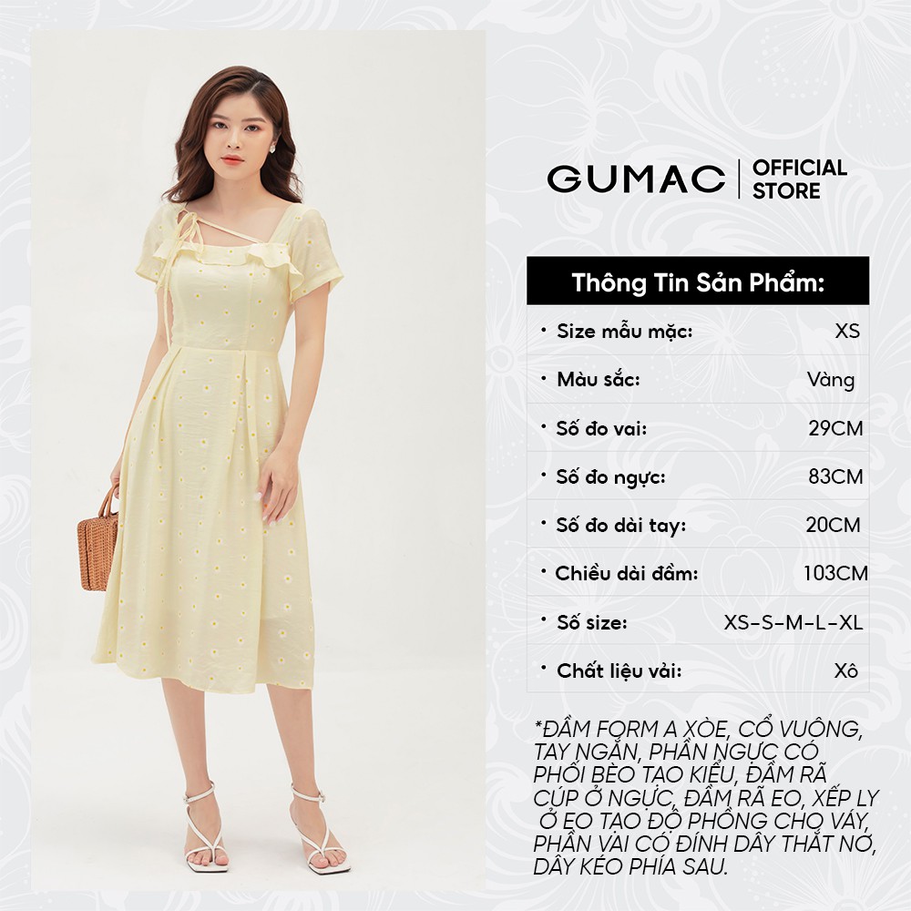 [Mã MABR07062 giảm 8% tối đa 50K đơn từ 249K] Đầm xòe nữ cổ vuông bèo GUMAC màu vàng, đủ size DB3100 | BigBuy360 - bigbuy360.vn