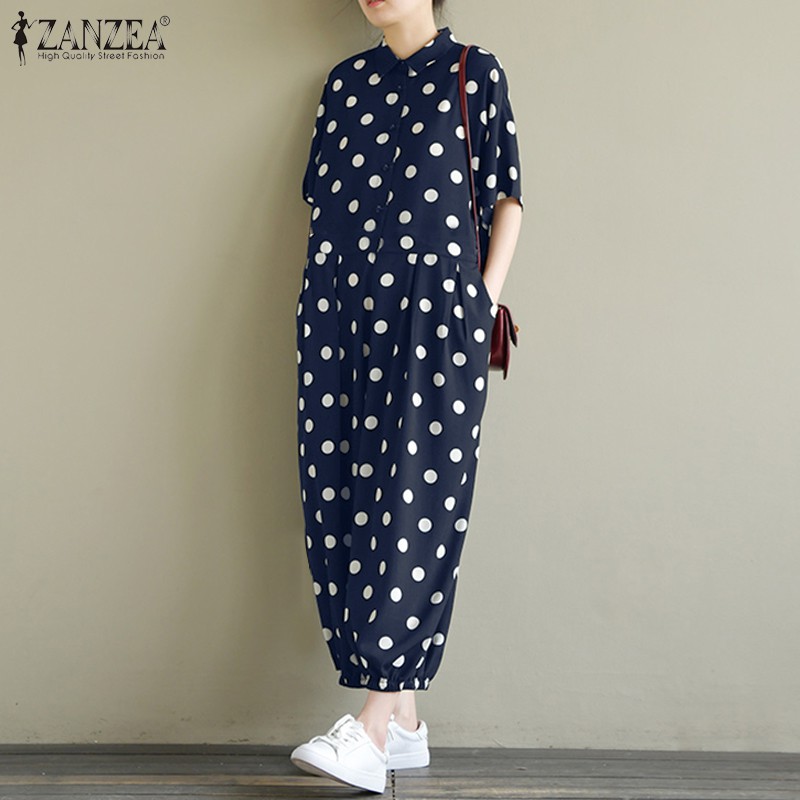 Jumpsuit Dài Họa Tiết Chấm Bi Vintage Cho Nữ