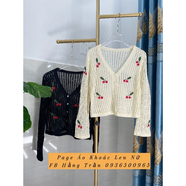 Áo khoác len mỏng cổ tim thêu cherry cút ngọc.
