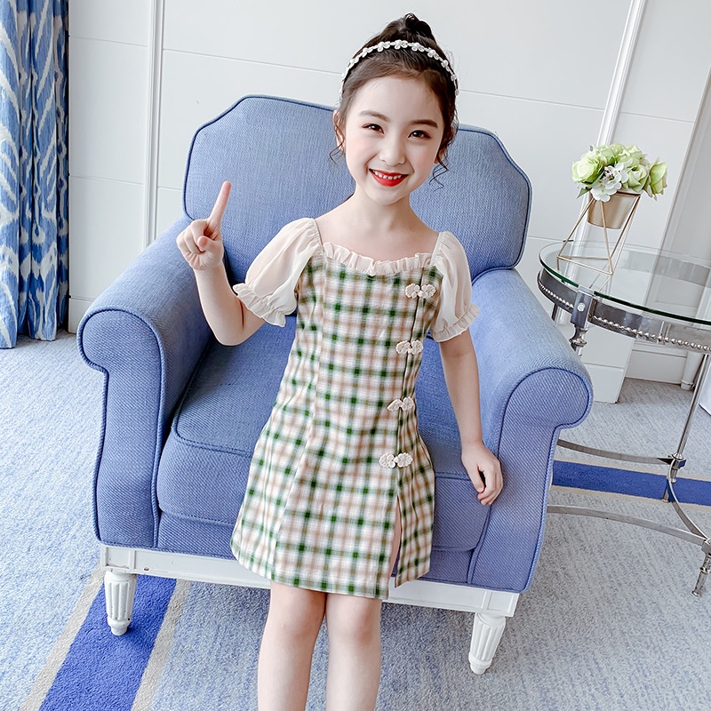 SANITKUN Đầm công chúa sườn xám họa tiết caro thời trang năm mới cho bé