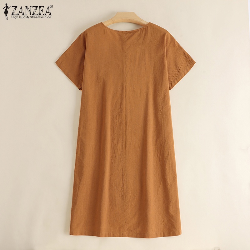 Đầm midi ZANZEA tay ngắn cổ chữ V phong cách châu Âu thời trang cho nữ