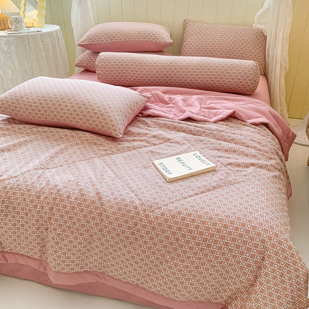 Set 5 món chăn ga gối Cotton Đũi, Bộ chăn gối mền họa tiết Hàn Quốc nhập khẩu mềm mịn
