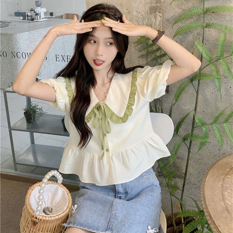 Áo Sơ Mi Tay Ngắn Phồng Cổ Búp Bê Phong Cách Hàn Quốc Thời Trang Mùa Hè Cho Nữ