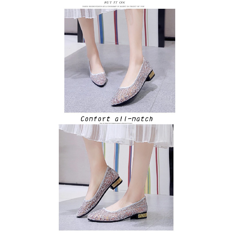 Giày Búp Bê Mũi Nhọn Đế Bằng Phối Ren Lưới Thời Trang Mùa Xuân Kiểu Mới Cho Nữ