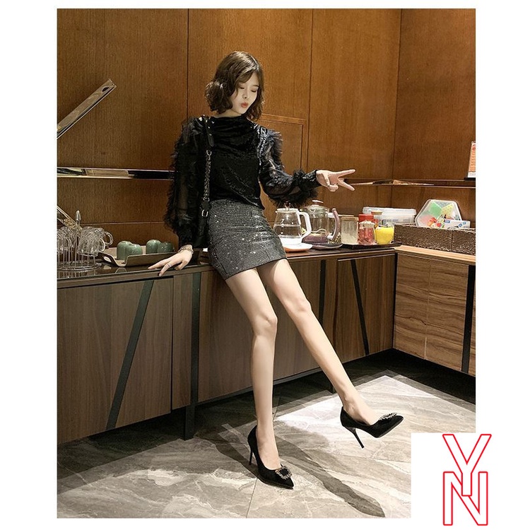 Giày Cao Gót Da Lộn Mũi Nhọn Màu Đen Đính Đá Phong Cách Pháp Thời Trang Xuân Thu Sành Điệu Cho Nữ 2021