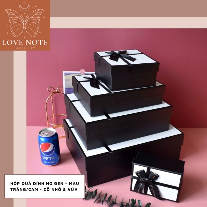 Hộp quà màu trắng/cam đính nơ đen cỡ VỬA và NHỎ - tặng sinh nhật, valentine 14/2, 8/3 20/10, giáng sinh, noel | BigBuy360 - bigbuy360.vn