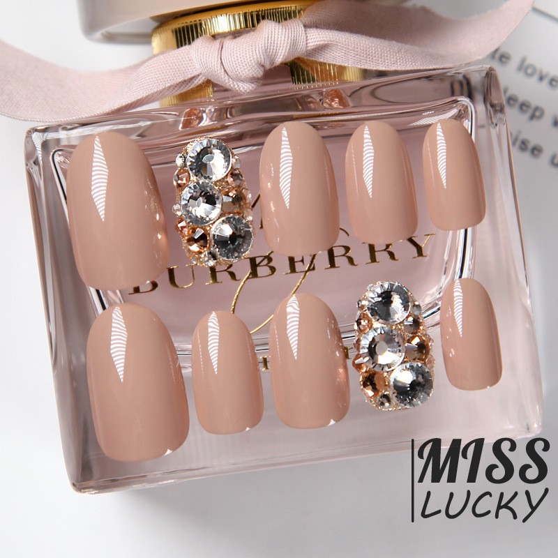 ❤HHN-VN 24 Piece Nude Color Ins Style Women Wearable Fake Nails with Diamond Short Round Full Cover